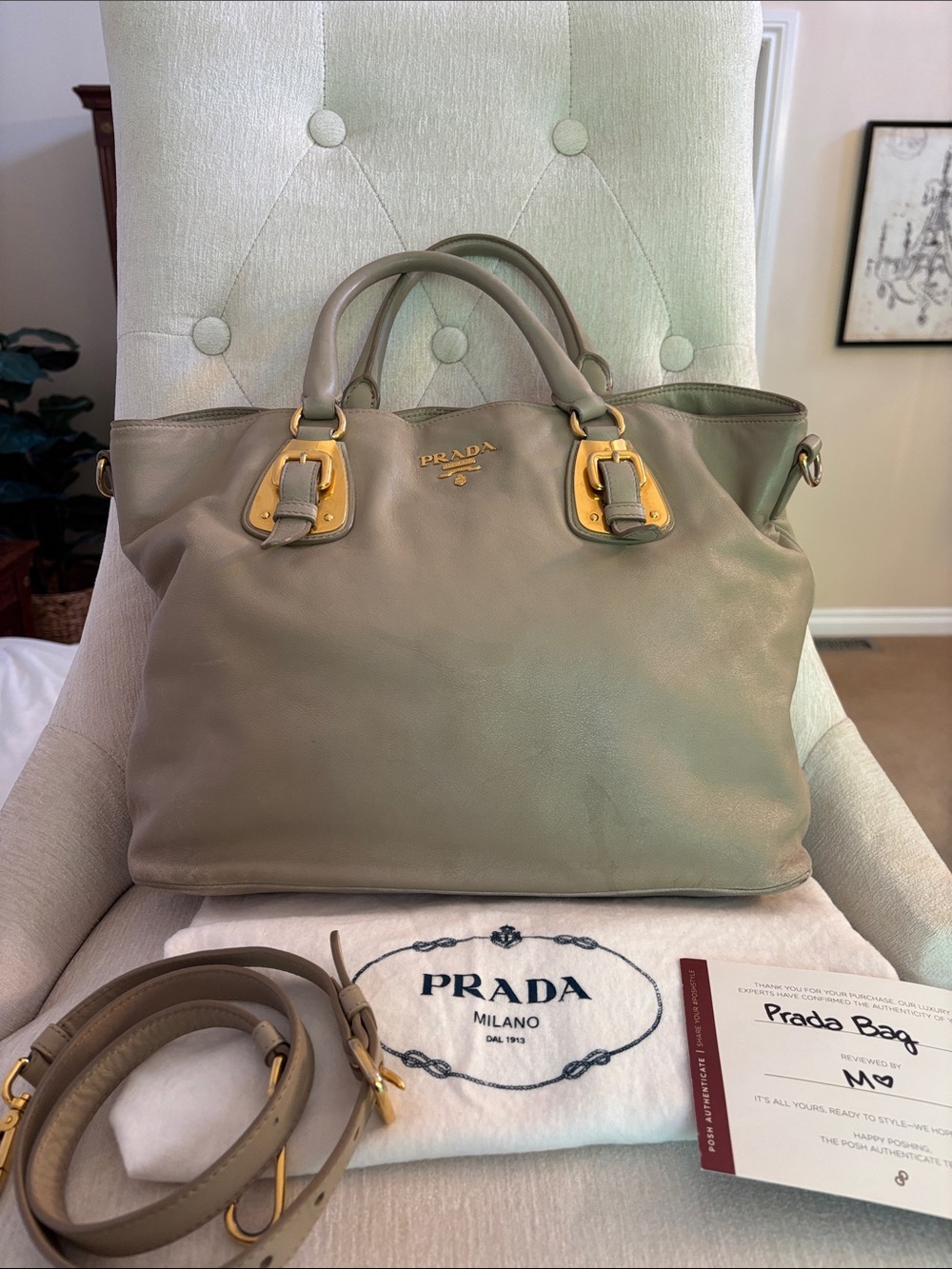 Prada Taupe Leather Shoulder Bag with Gold-Tone Hardware